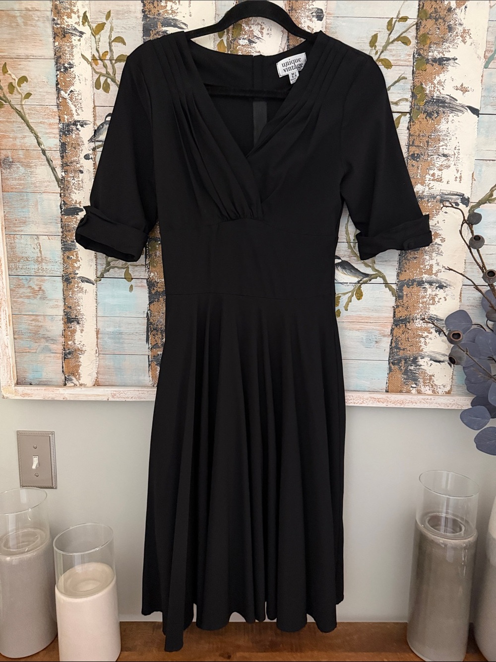 Unique Vintage Black V-Neck Roll-Sleeve Fit & Flare Midi Dress